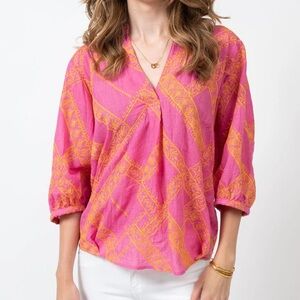 Ivy Jane Embroidered Popover Pink and Orange Blouse